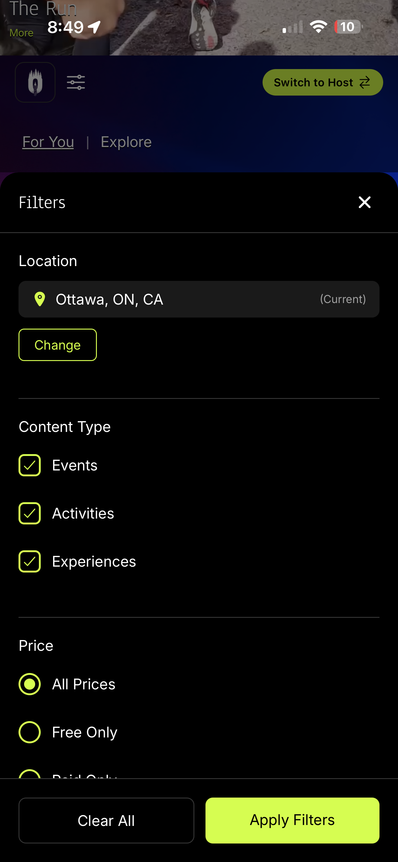 OUTSIIDE app saved events list